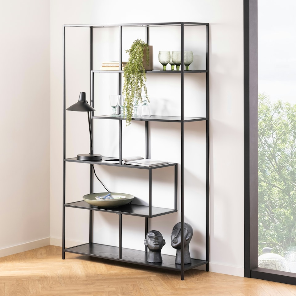 image 1 of Seaford Black Metal Large Asymmetrical Bookcase with 5 Black Shelves