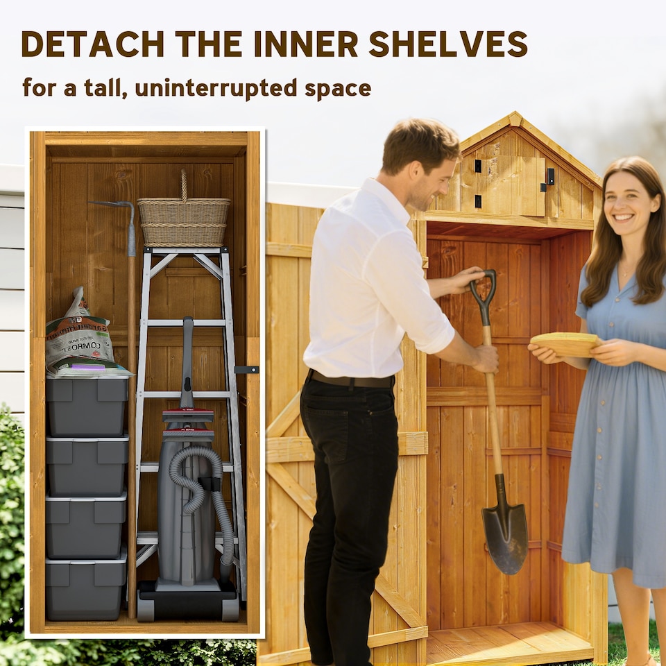 image 1 of Outsunny Garden Shed Vertical Utility 3 Shelves Shed Wood Outdoor Garden Tool Storage Unit Storage Cabinet, 77 x 54.2 x 179cm Brown