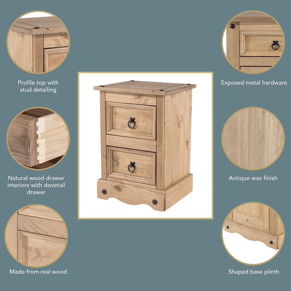 image 1 of Corona Premium 2 Drawer Petite Bedside Cabinet - Shaker-Style Nightstand with Dovetail Drawers | Brown | Antique Waxed Pine | One Size | 1