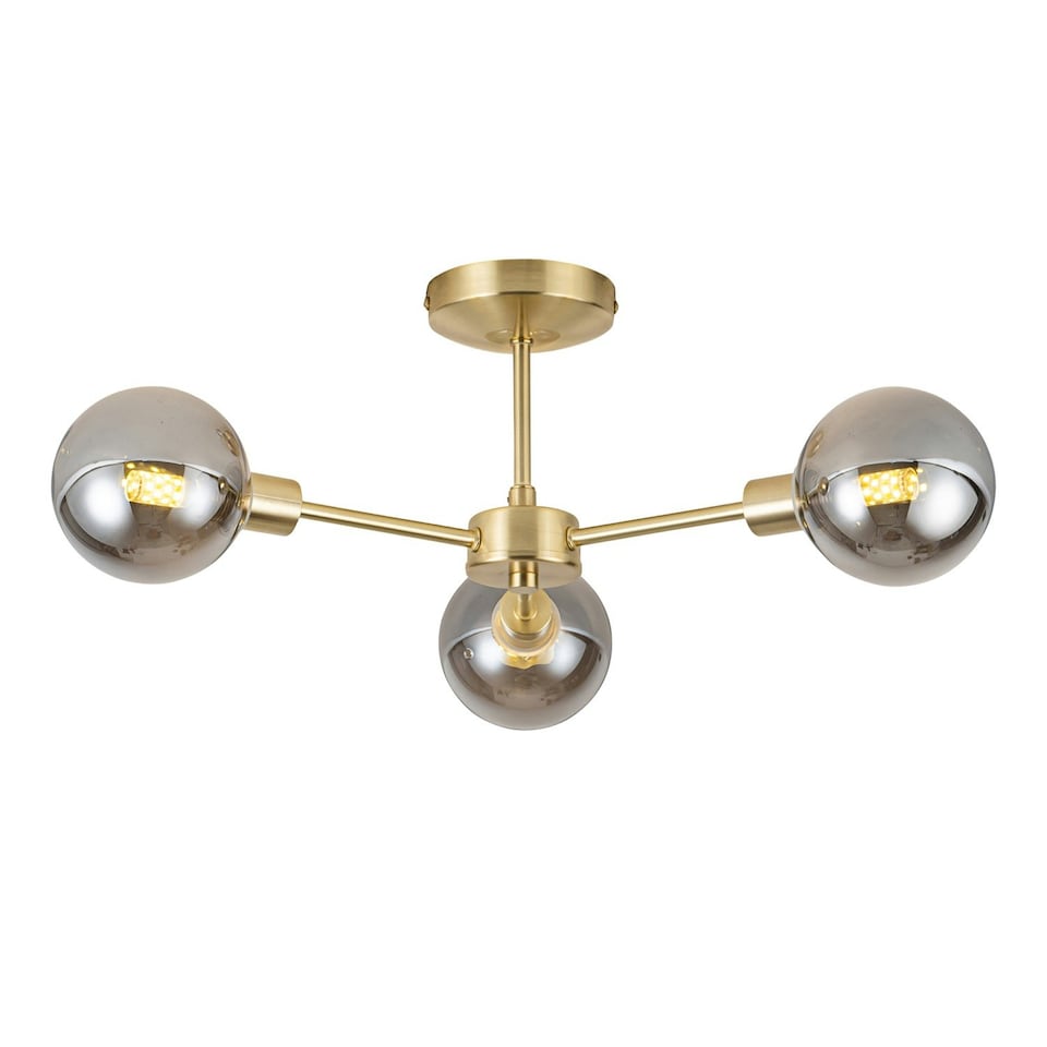 image 1 of First Choice Lighting Set of 2 Toner Satin Brass with Smoke Glass Globes 3 Light Flush Ceiling Lights Bronze | Grey