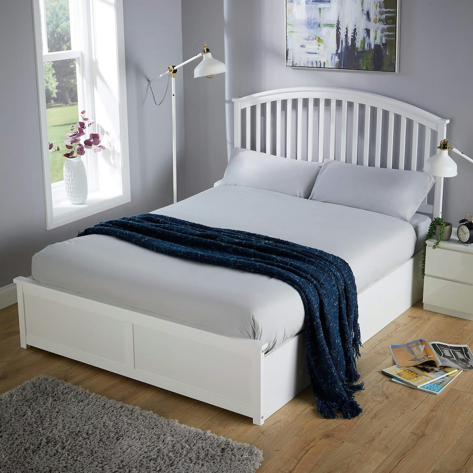 image 1 of White King Ottoman Bed Frame with Storage Space Upholstered Fabric Modern Style