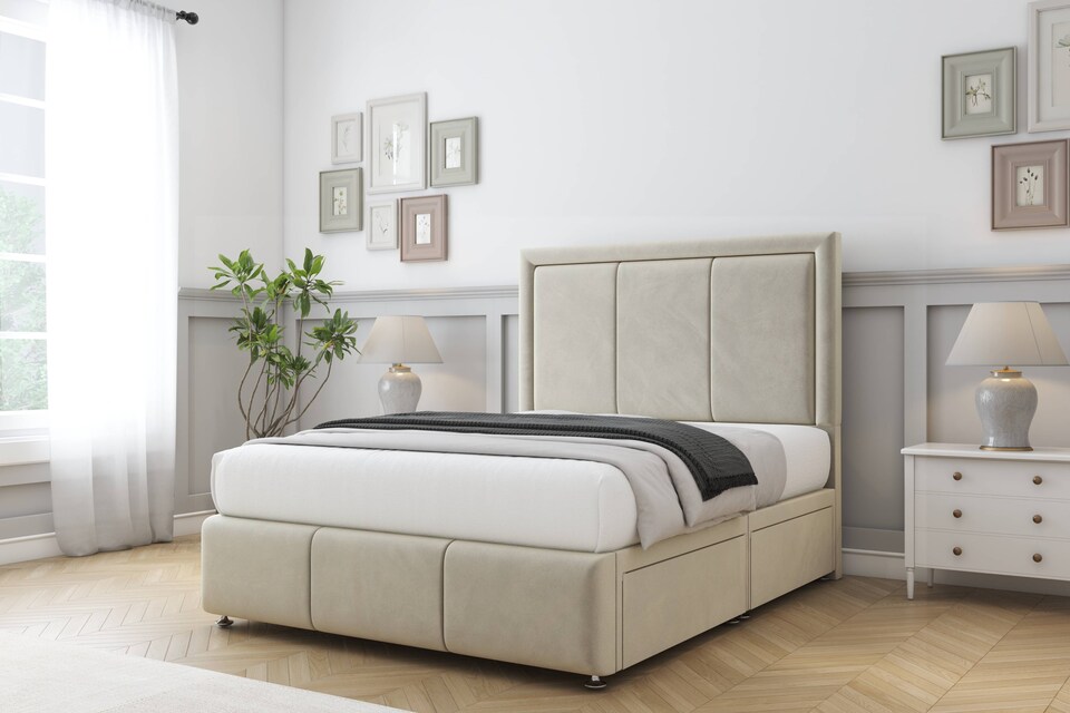 image 1 of Sloomy Lancaster Cream Plush Divan Bed With Mattress 2 Drawers Footend With 26" Strutted Headboard & 12" Matching Footboard 4'6 Double | Cream | Cream | Double | 1