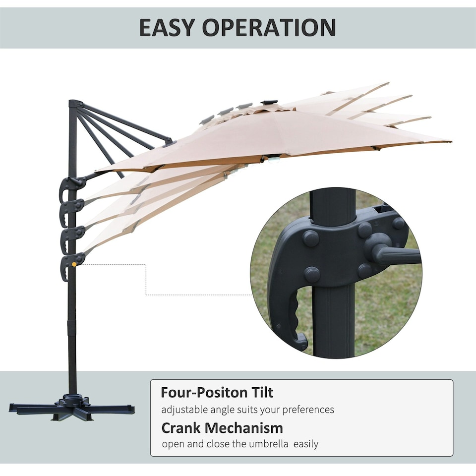 image 1 of Outsunny 3(m) LED Cantilever Parasol Outdoor with Base Lights Brown