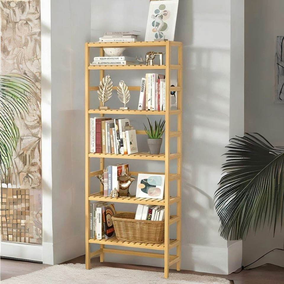 image 1 of 6 Tier Wooden Storage Rack With Adjustable Shelves Natural Brown Brown | One Size