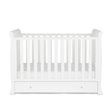 Snowdon Mini Cot Bed & Underdrawer – Sleigh Style, Convertible Baby Cot to Toddler Bed, Adjustable Base (White)