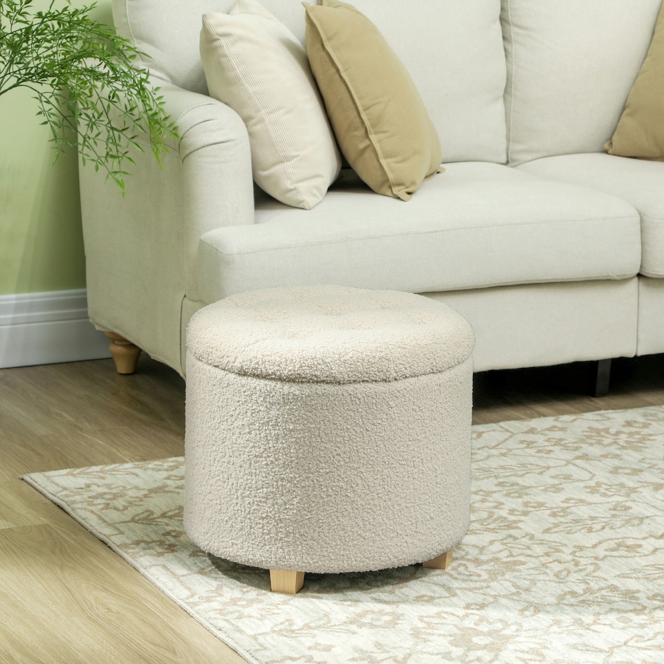 image 1 of HOMCOM 45cm Round Ottoman with Storage, Lid, Cashmere Footstool, Cream White Cream