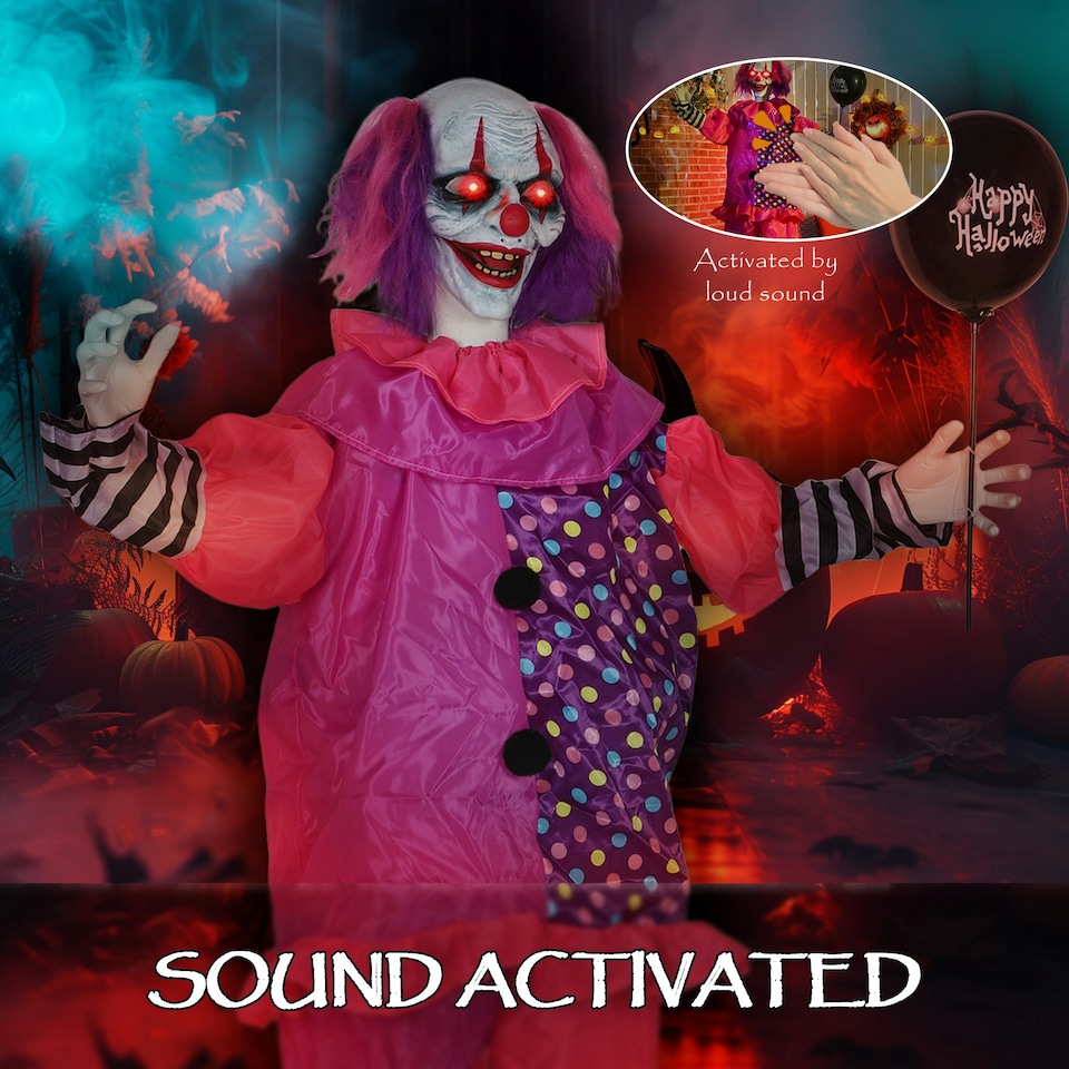 image 1 of Outsunny Sound Activated Halloween Animatronics Clown with Red Light Up Eyes