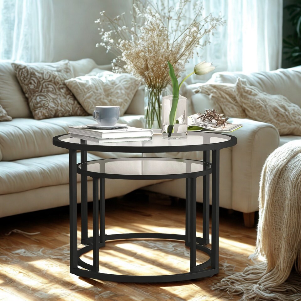 image 1 of Set Of 2 Round Black Nesting Tables With Tempered Glass Top