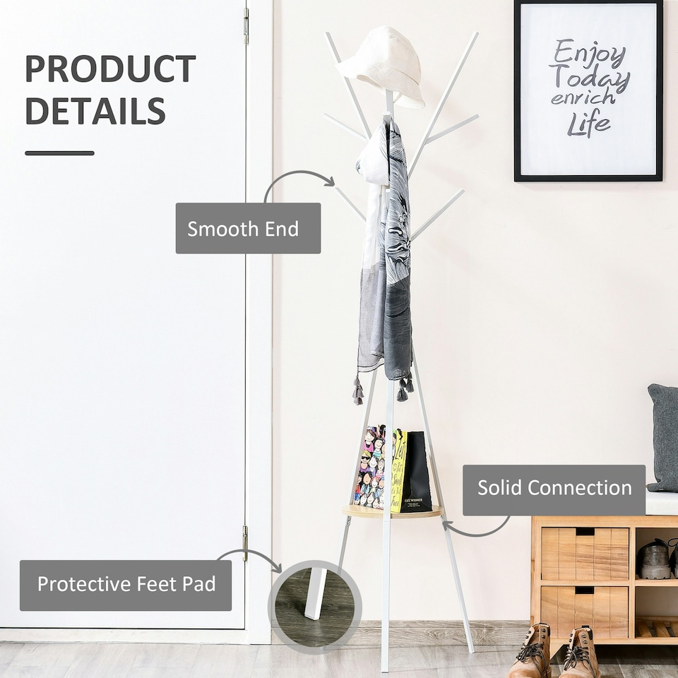 image 1 of HOMCOM 180cm Free Standing Coat Rack Metal Shelf Holder Stand White