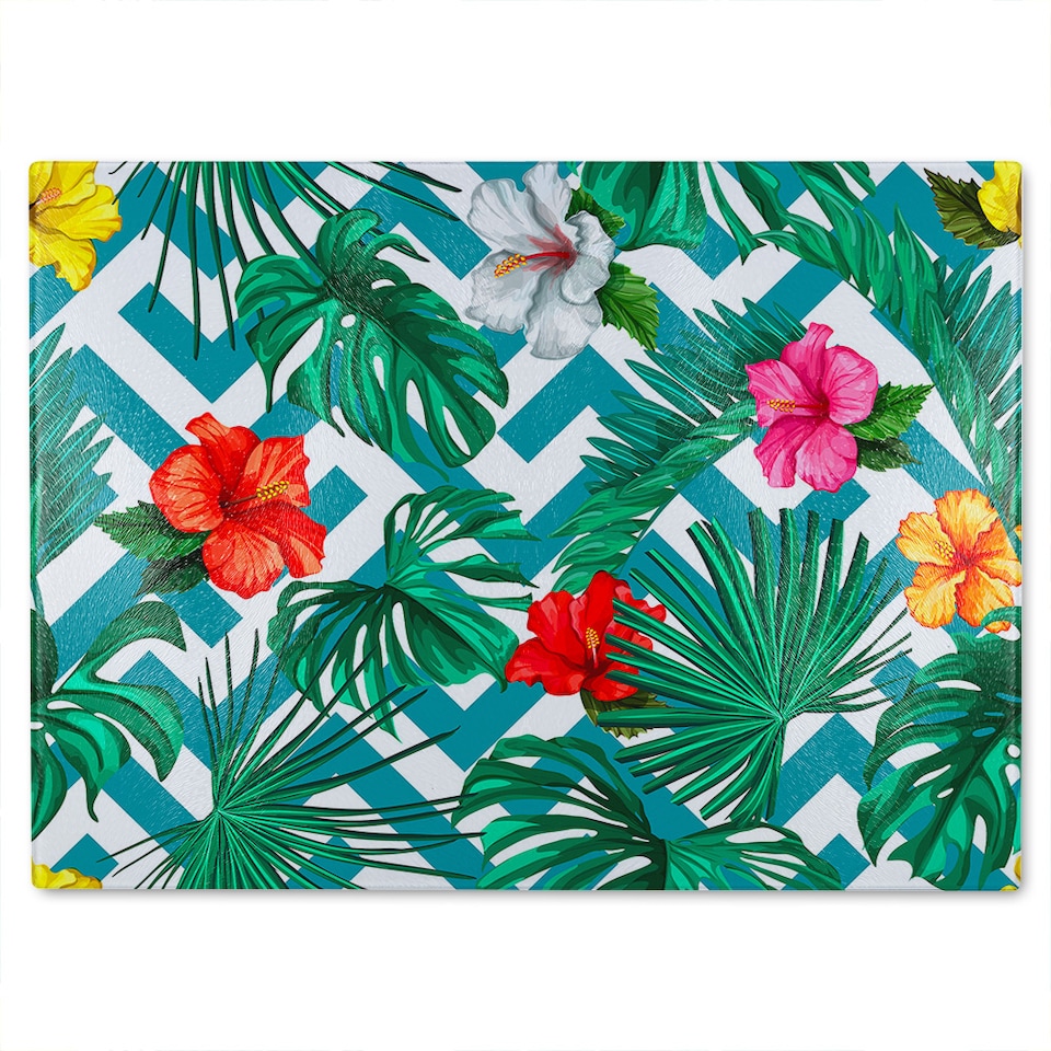 image 1 of Tropical Leaves & Geometrics Glass Chopping Board | Multi