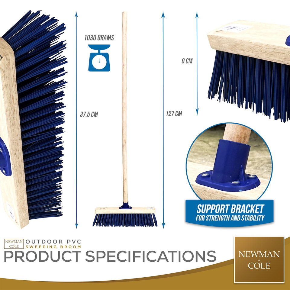 image 1 of 15" Heavy Duty Outdoor Broom with Stiff PVC Bristles and Long Wooden Handle