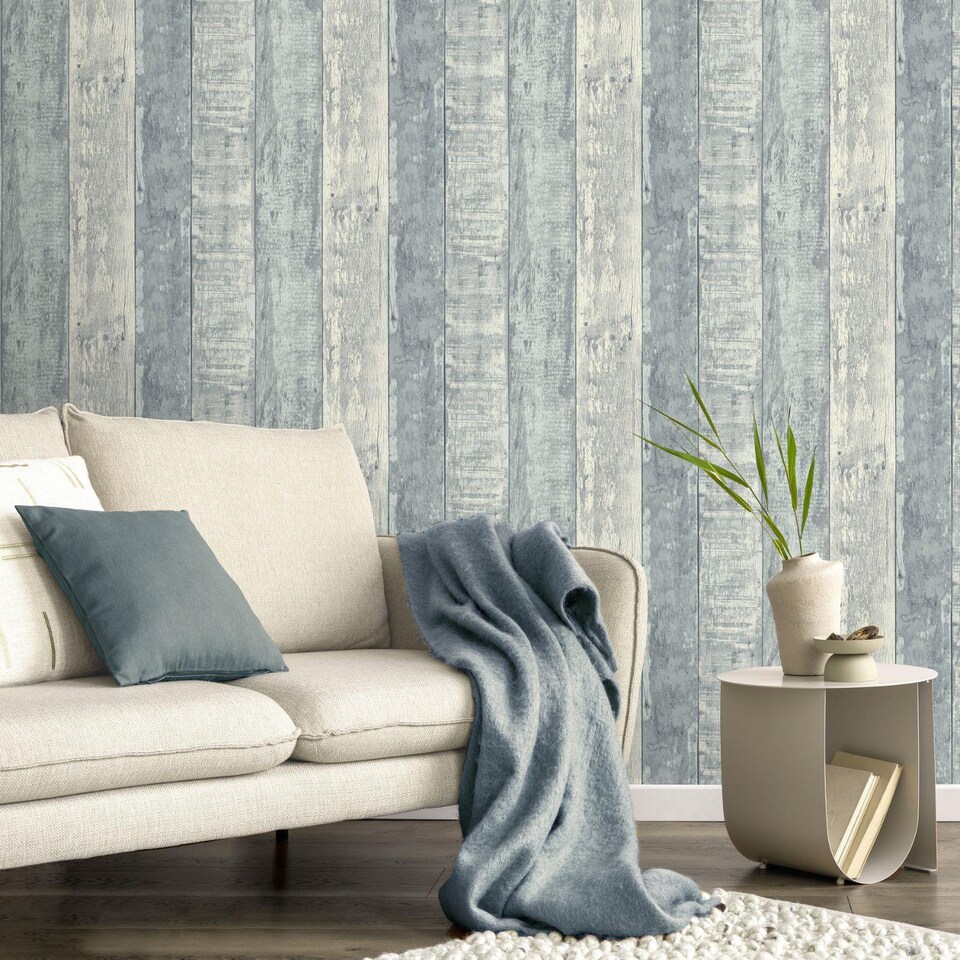 image 1 of Fine Decor Rustic Wood Stripe Blue Wallpaper Paste The Paper Washable Modern Wooden Panel Plank