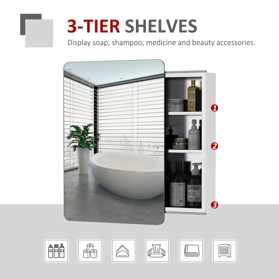 image 1 of kleankin 66x46cm Curved Bathroom Storage Cabinet Sliding Mirror Door 3 Shelves