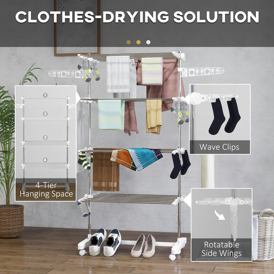 image 1 of HOMCOM 4-Tier Large Clothes Airer Stainless Steel Clothes Drying Rack White