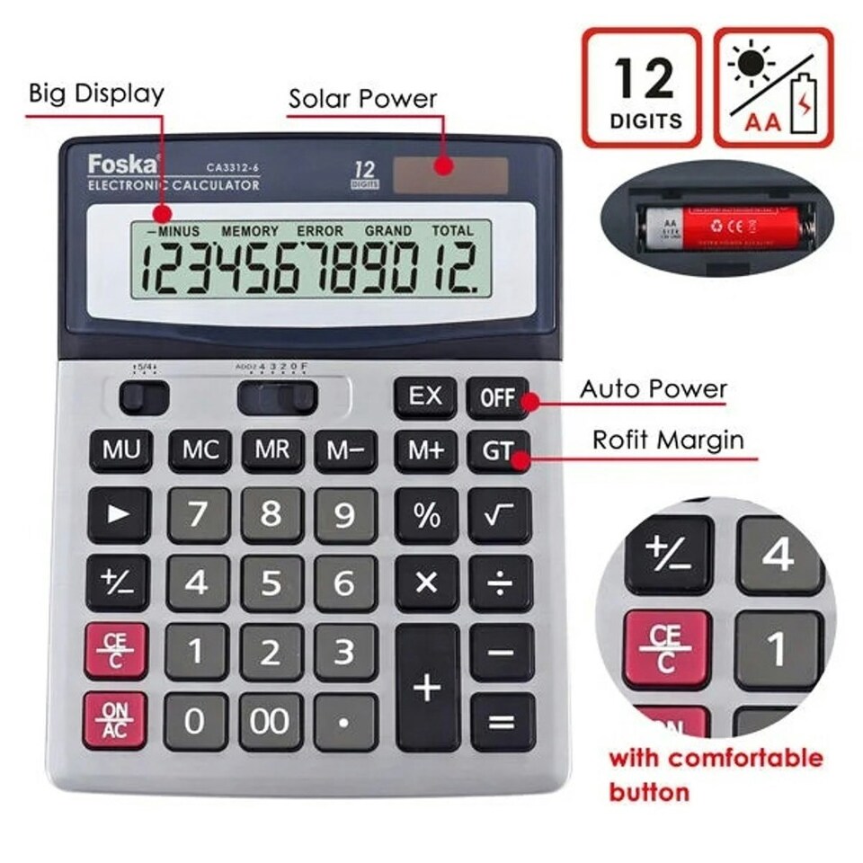image 1 of Foska 12 Digit Solar Power and Battery Big Desktop Calculator