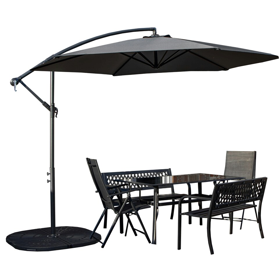 image 1 of Outdoor 6 Person Rectangular Glass Top Garden Dining Table Benches & Chairs With Grey Banana Parasol and Base