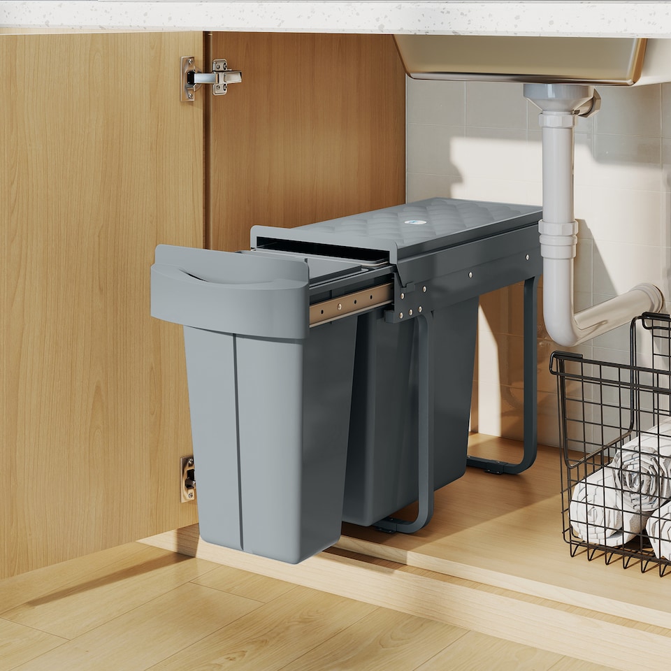 image 1 of HOMCOM Under-Sink Kitchen Trash Bin, 2 Removable Recycling Containers, Grey