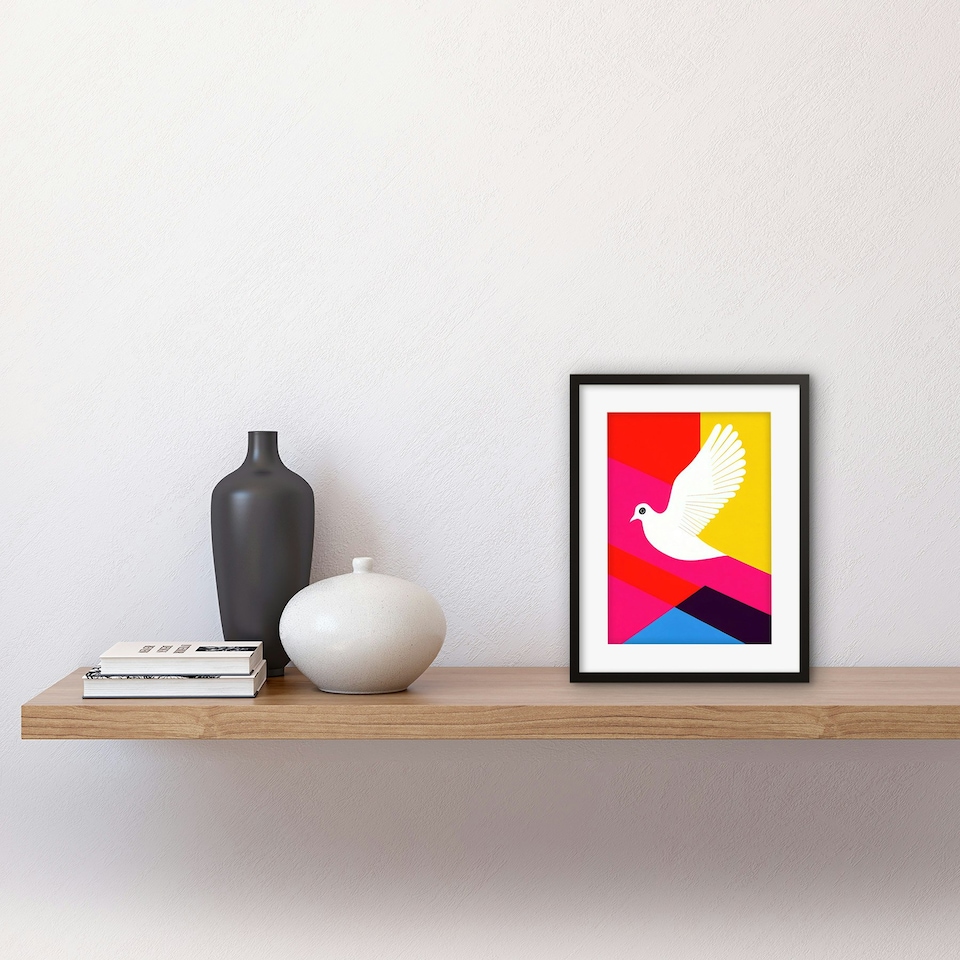 image 1 of White Peace Dove Vibrant Geometric Graphic Design 9x7" Black Framed Wall Art Print