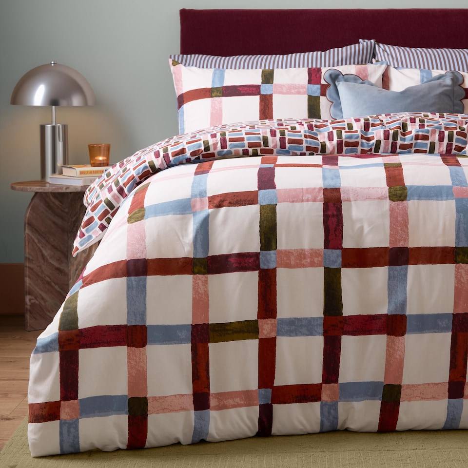 image 1 of Furn Selvan Reversible Printed Duvet Cover Set, Oatmilk & Burgundy