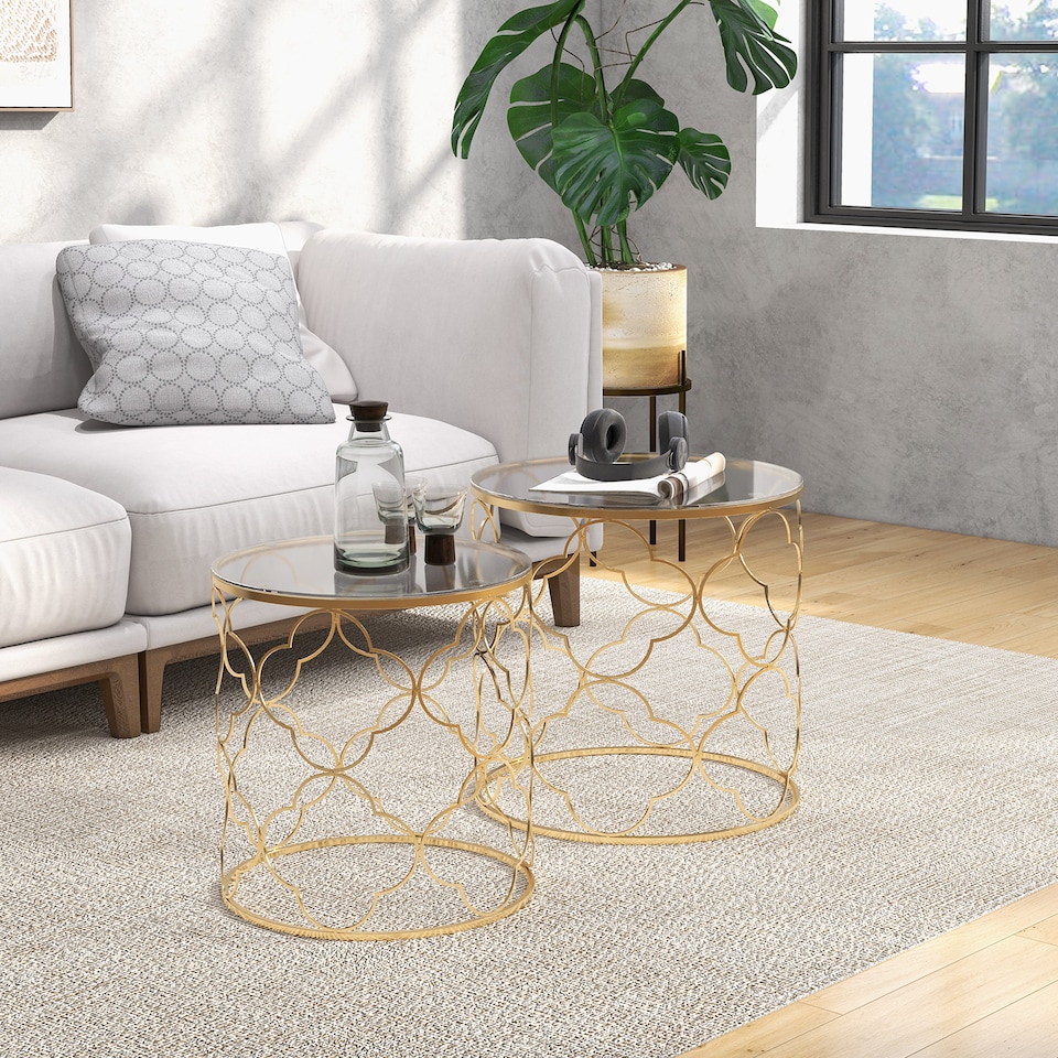 image 1 of HOMCOM Nesting Tables Set of 2, Modern Stacking Side End Table with Tempered Glass Top, Metal Frame for Living Room Bedroom Office, Gold Tone