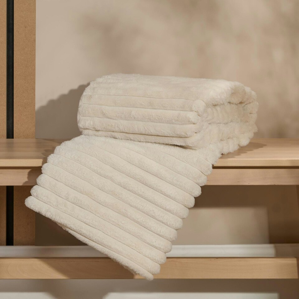 image 1 of OHS Faux Fur Rib Fleece Blanket, 125x150cm - Natural