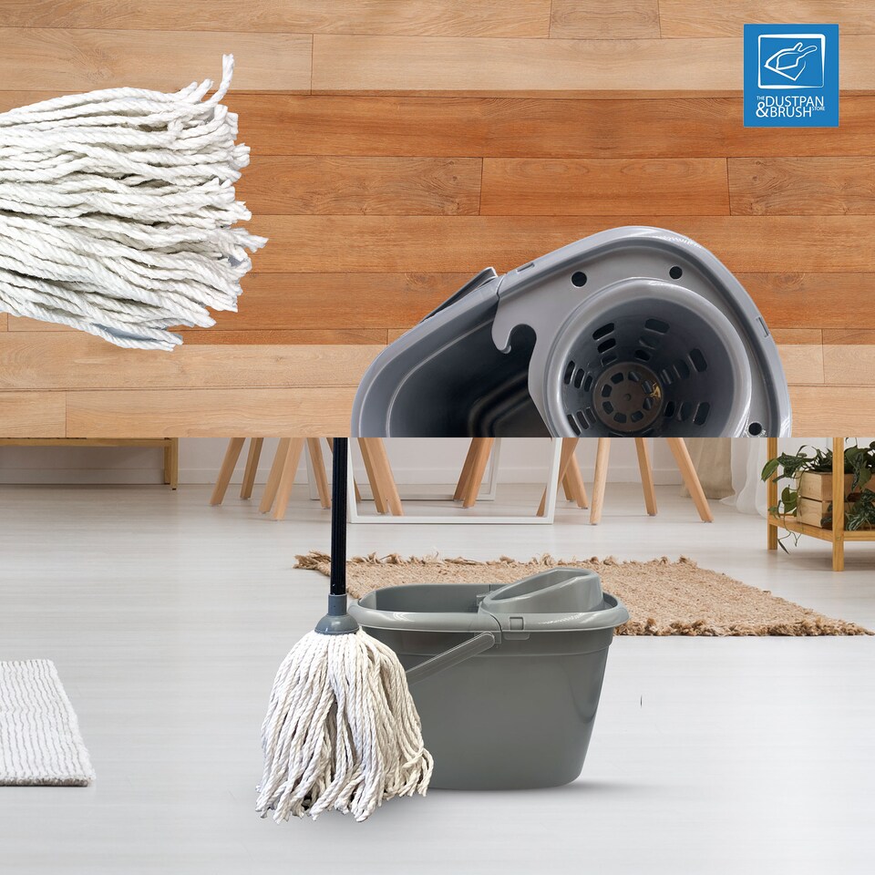 image 1 of Traditional Pure Cotton Mop and Bucket Set 12L Grey Floor Cleaner with Wringer