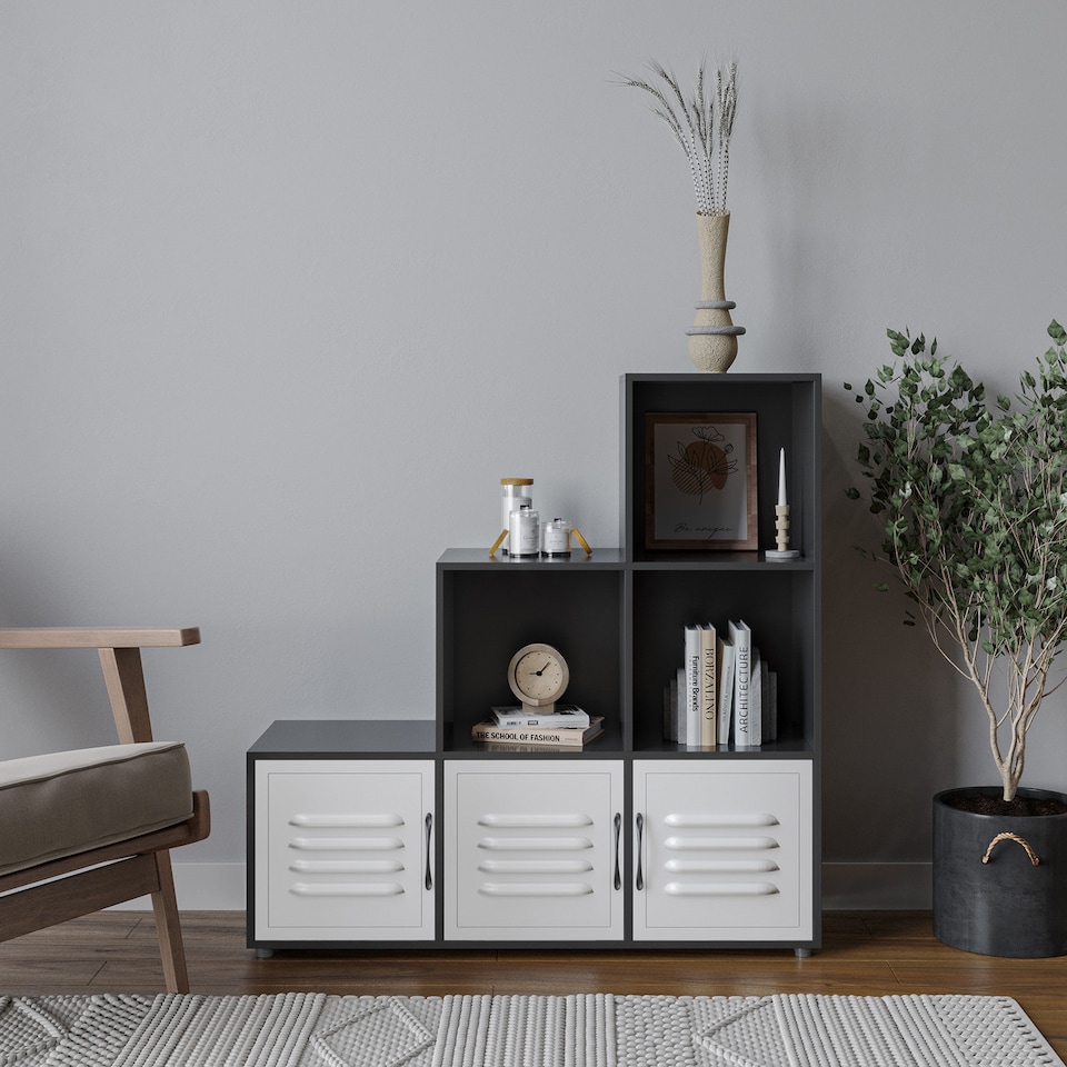 image 1 of 6-Cube Step Shelving Unit With Metal Doors | Black | Black & White | 1