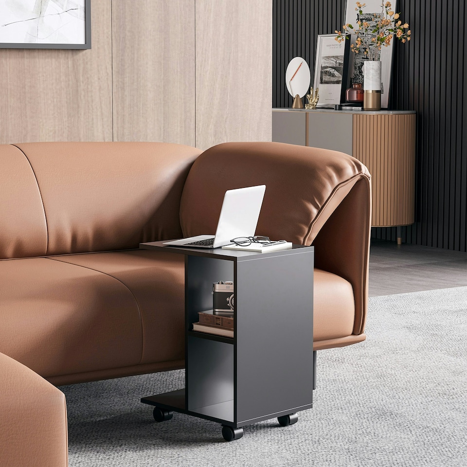 image 1 of HOMCOM C-Shape End Table Unique Storage Unit with 2 Shelves 4 Wheels Freestanding Home Office Furniture Cabinet Square Studio Grey | Grey