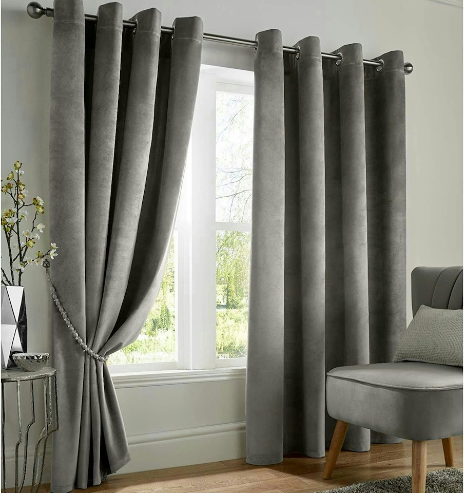 image 1 of Velvet Blackout Eyelet Curtains - Silver 116 cm x 137 cm
