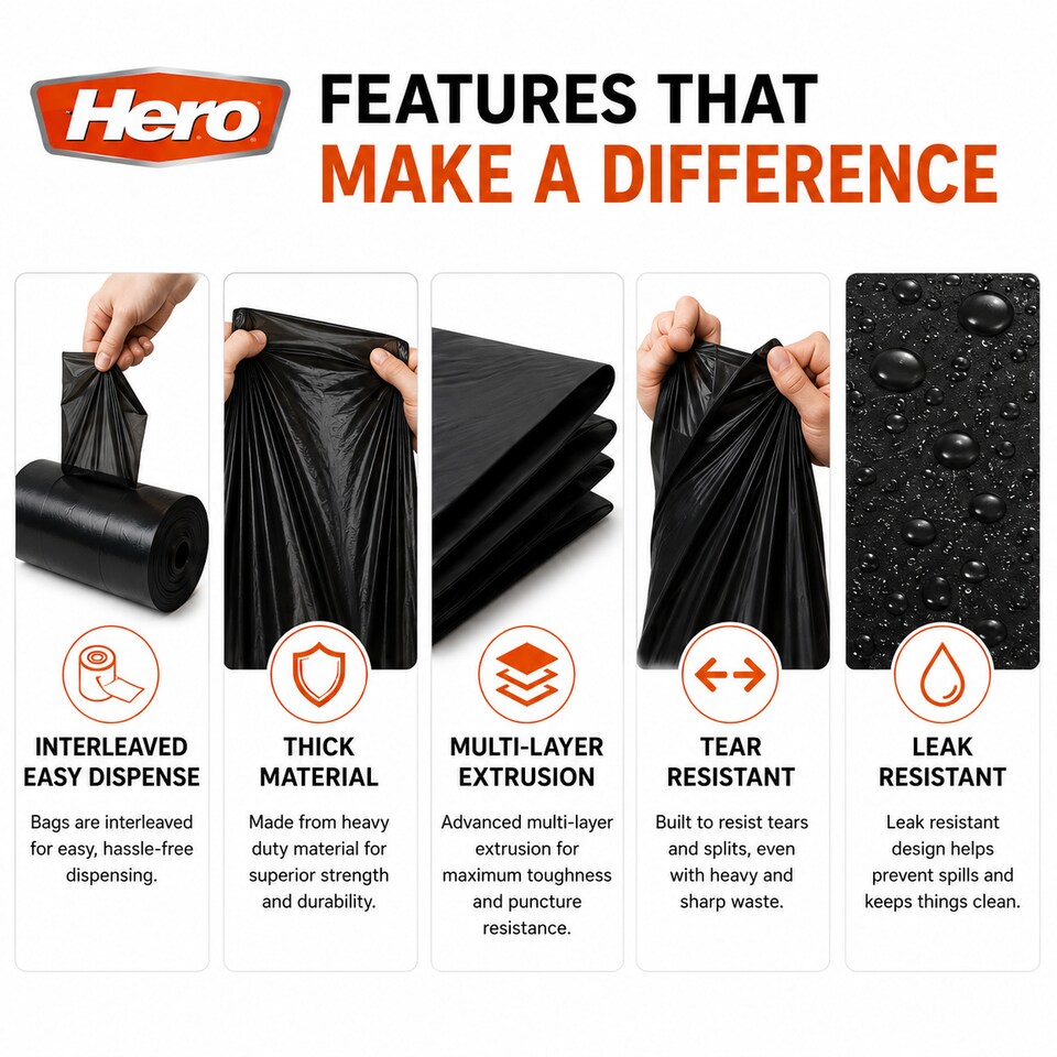 image 1 of Hero 90L Extra Heavy Duty Black Bin Bags – Strong Refuse Sacks | 12 Bags per Roll for Household, Garden & Commercial Use