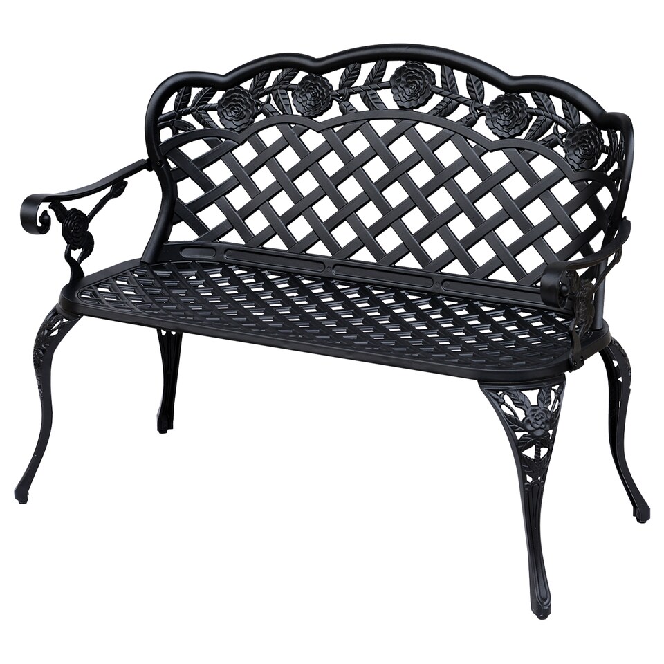 image 1 of Outsunny Cast Aluminium Garden Bench Outdoor Patio 2 Seater High Back Chair Armrest Antique Style Black