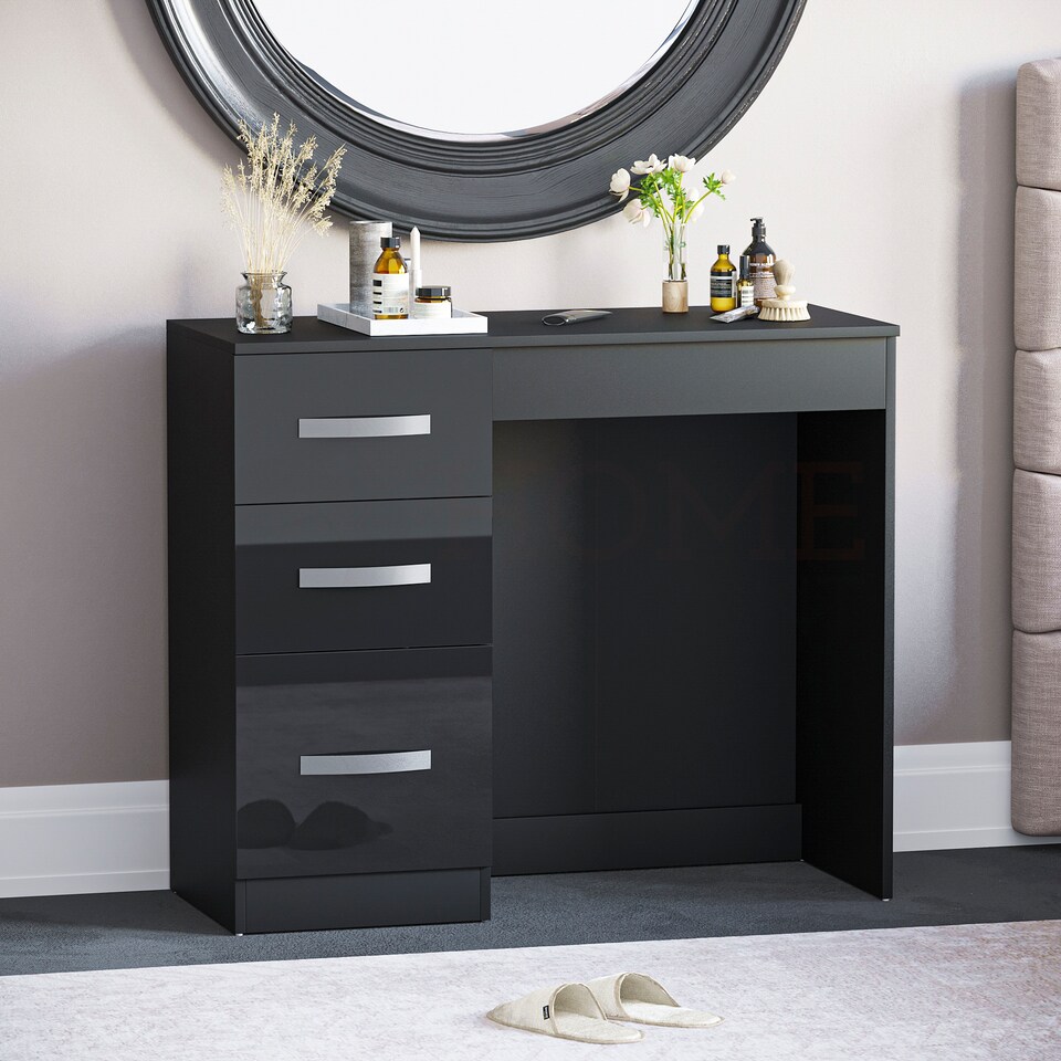 image 1 of Vida Designs Hulio 3 Drawer Dressing Table High Gloss Vanity Makeup Desk, Black