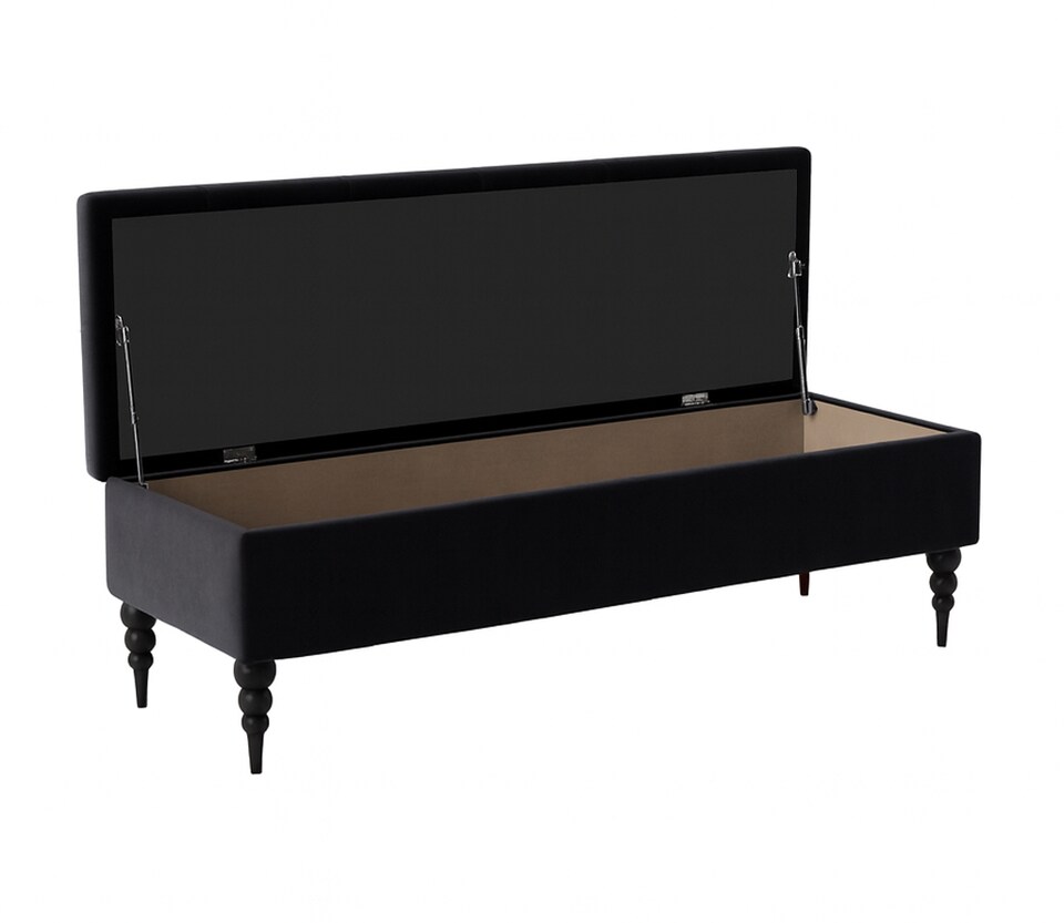 image 1 of 90cm Safar Ottoman bench with Storage and Turned Wooden Legs- Plush Velvet Shoes Bench - Black Chesterfield Storage Bench