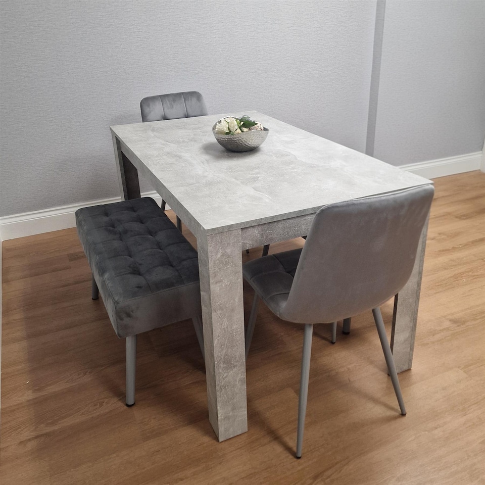 image 1 of Grey Wooden Dining Table Set with 2 Chairs and 2 Benches Dining Kitchen Furniture
