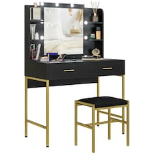 HOMCOM Makeup Vanity Desk Set with Lighted Mirror, Stool, Black