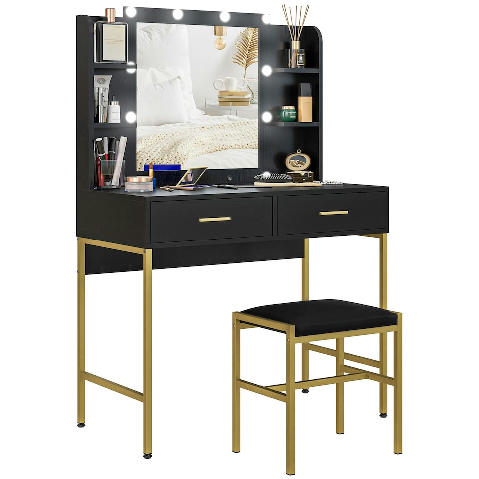 image 1 of HOMCOM Makeup Vanity Desk Set with Lighted Mirror, Stool, Black