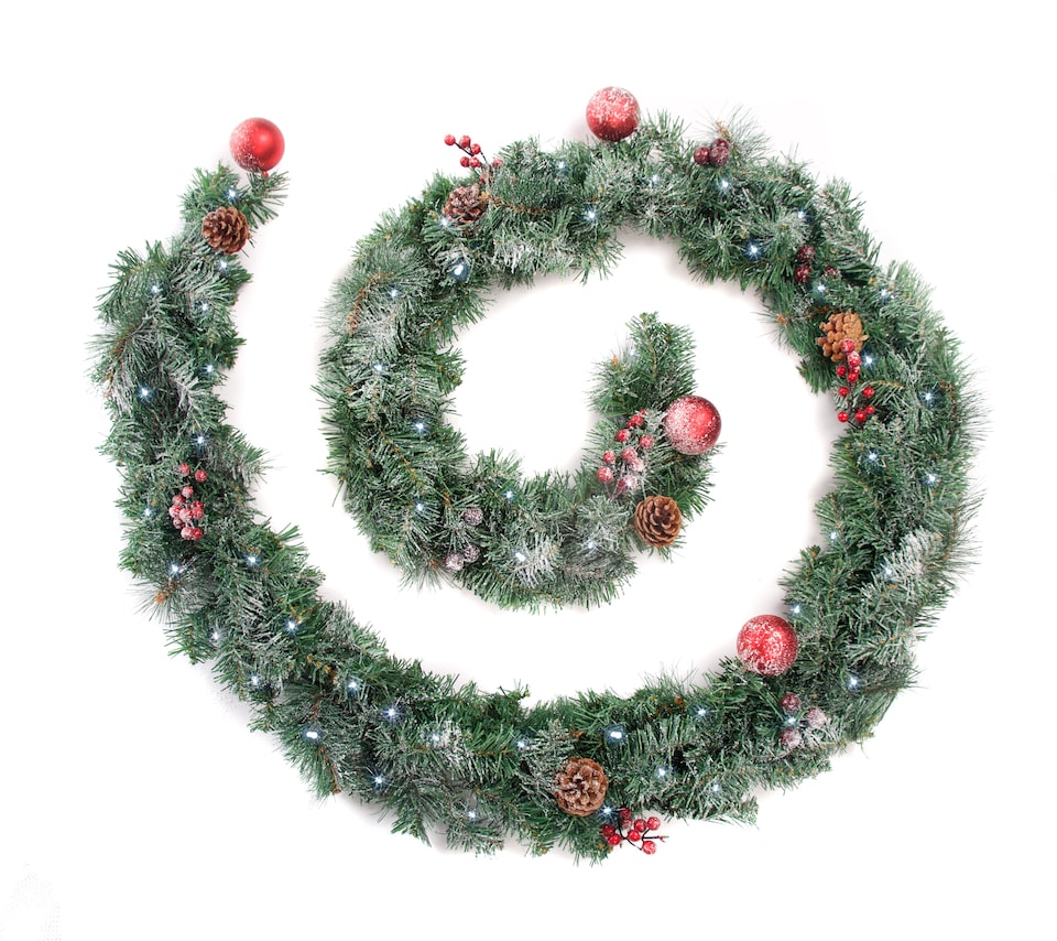 image 1 of Best Artificial Christmas 9ft Lightly Frosted Red Garland with 80 bright white battery lights