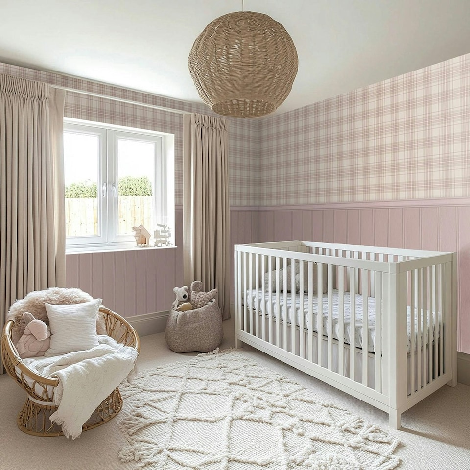 image 1 of Traditional Check Panel Wallpaper in Cream and Pink with Pink Panel Multi