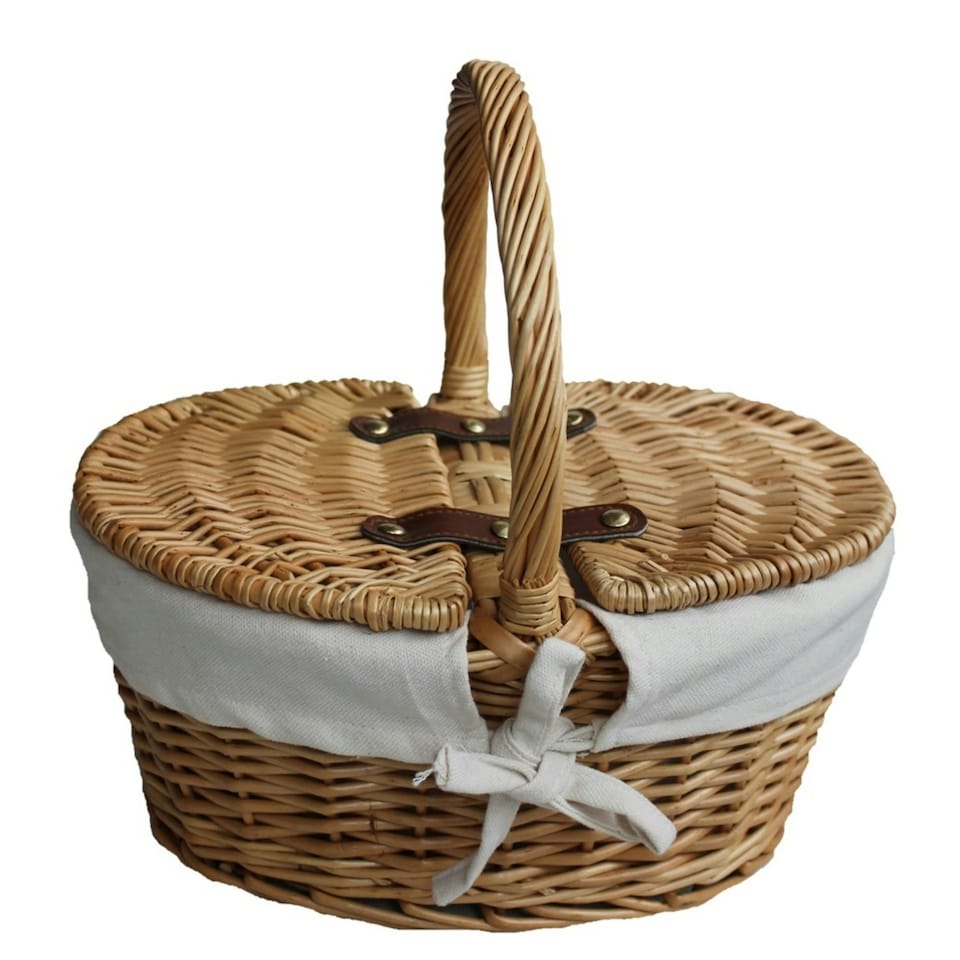 image 1 of Child's Oval Lined Lidded Wicker Picnic Basket with Lining White | White | One Size