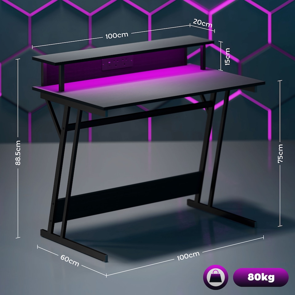 image 1 of HOMCOM LED Gaming Desk with Power Outlets and Monitor Stand 100 x 60cm Black