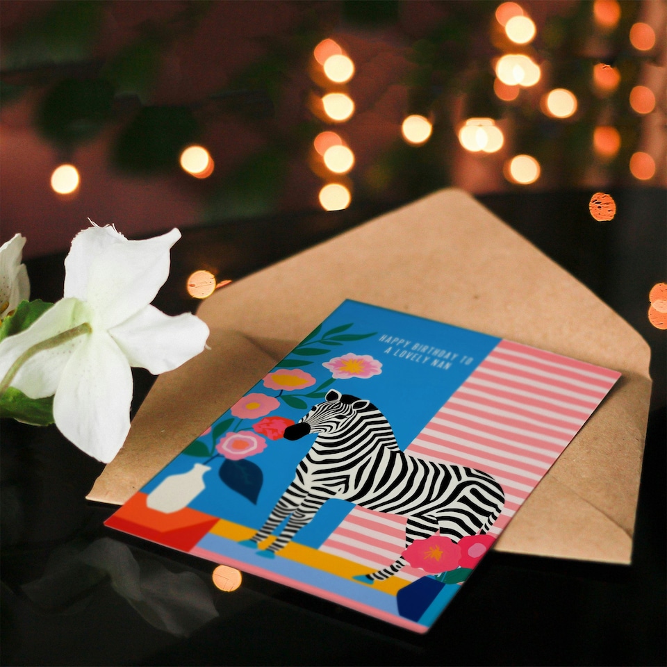 image 1 of Colourful Modern Bright Stripes Flowers Zebra Nan Birthday Card