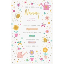 Words 'n' Wishes Special Nanny Birthday Card - Flowers, Bees and Watering Cans with Foil Finish - Eco-Friendly and Recyclable