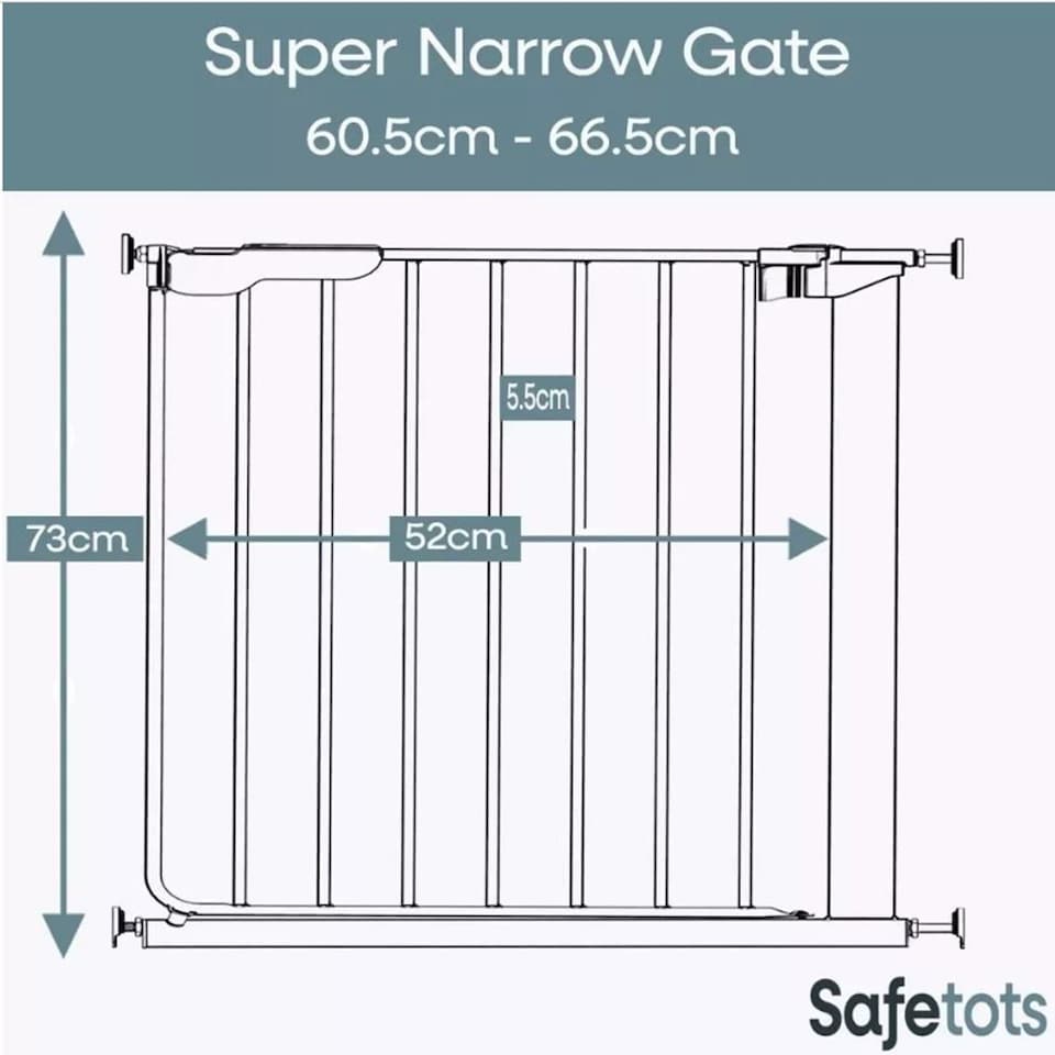 image 1 of Safetots Super Narrow Baby Gate, 60.5cm - 66.5cm, White, Child Safety Barrier, Pressure Fit Stair Gate | White | 1