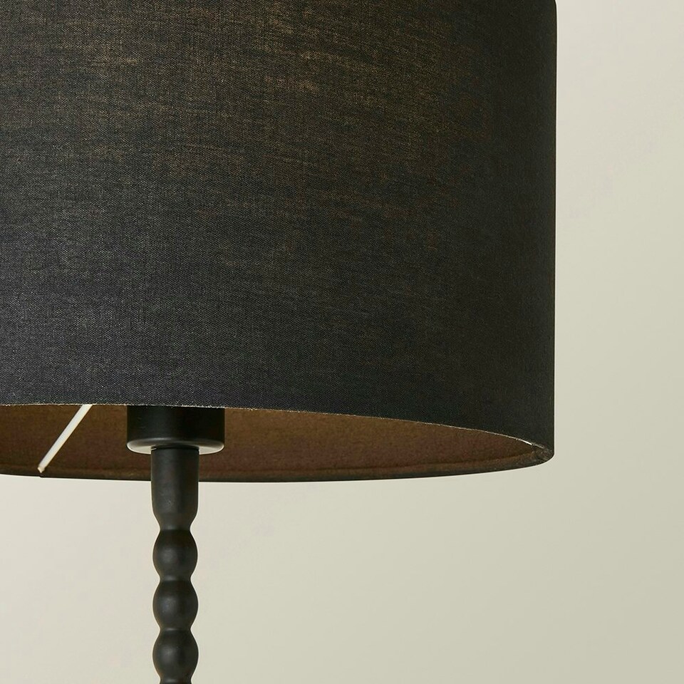 image 1 of ValueLights Maeve Black Fabric Drum Lamp Shade Matte Black Bobbin Bobble Table Lamp and Bulb Black