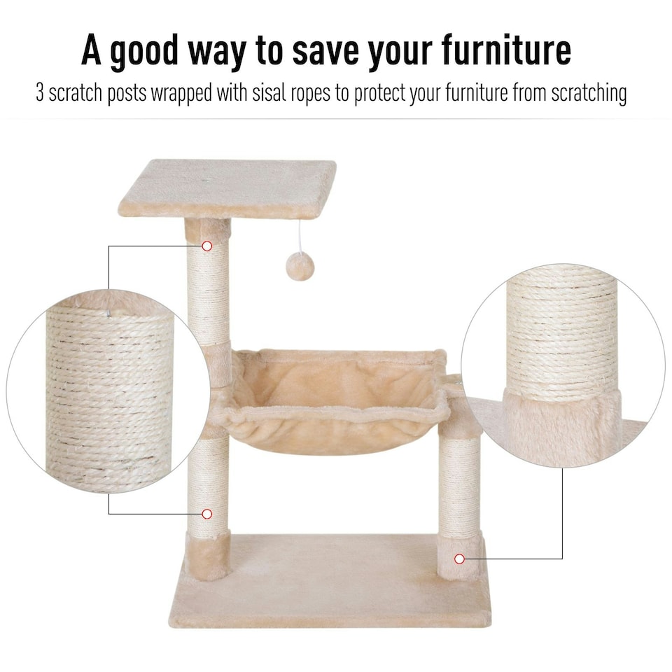image 1 of PawHut Cat Tree Scratch Post with Bed Hammock Sisal for Indoor Cats Beige