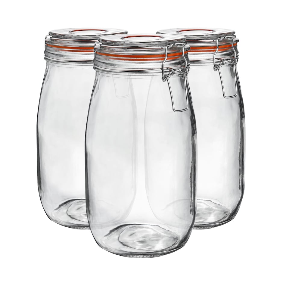 image 1 of Argon Tableware Glass Storage Jars - 1.5 Litre - Set of 6 - 4 Colour Seals Airtight Kitchen Storage Container Preserving Jar