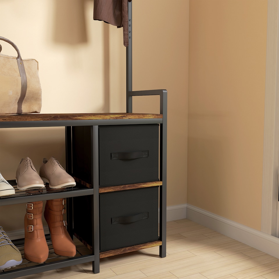 image 1 of HOMCOM Coat Rack with Bench and Shoe Storage, 4-in-1 Coat Stand with 15 Coat Hooks, 2 Fabric Drawers for Hallway, Living Room, Bedroom, Rustic Brown