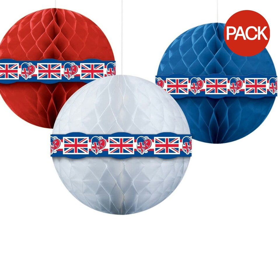 Amscan Best Of British Honeycomb Party Decoration (Pack of 3) - Red/Blue/White - One Size
