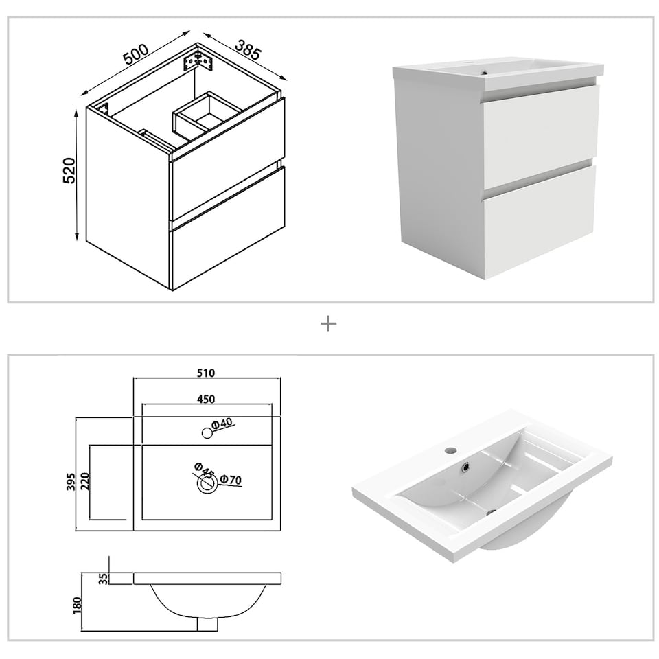 image 1 of AICA 500mm Wall Mounted Bathroom Vanity Unit With Ceramic Basin,2 Soft Close Drawers for Storage,White,Flat packed