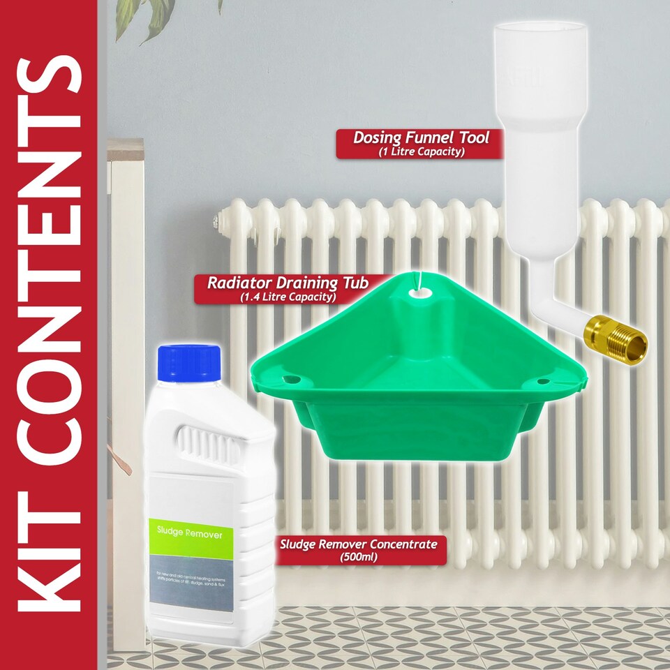 image 1 of SPARES2GO Central Heating Sludge Remover Concentrate Liquid (500ml Bottle) + Radiator Dosing Funnel Tool + Draining Tub